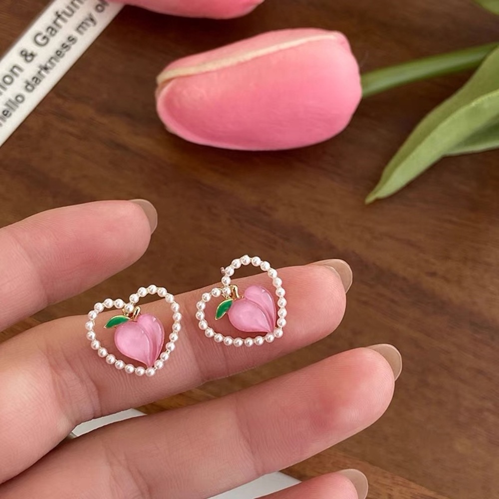 3/$20 Georgia Peach Pearl Framed Heart Earrings Studs - Picture 4 of 6